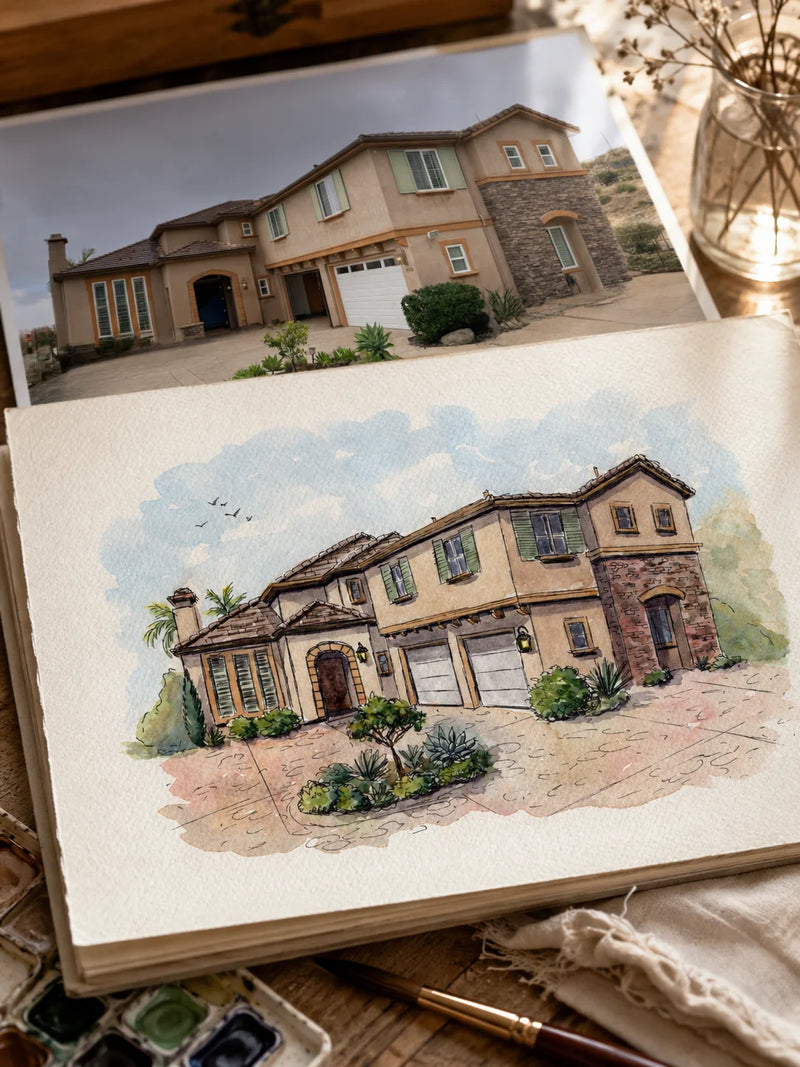Artistic depiction of a two-story house with a garage, surrounded by greenery, on a piece of paper.
