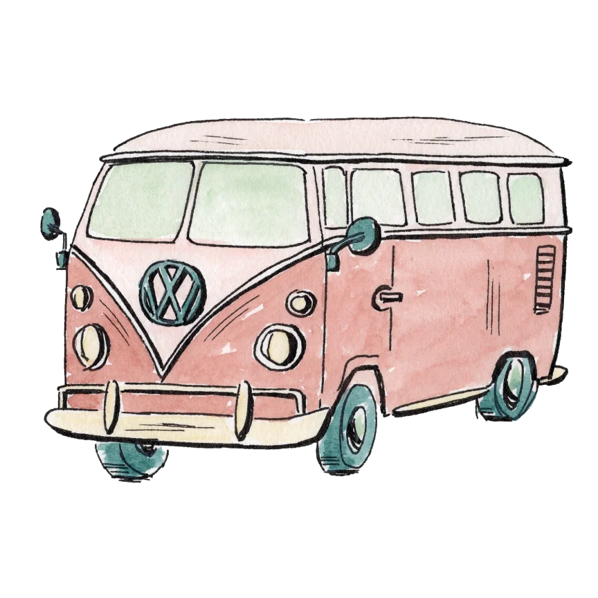 Illustration by Sara from Swil Arts, of a pink Volkswagen van on a white background