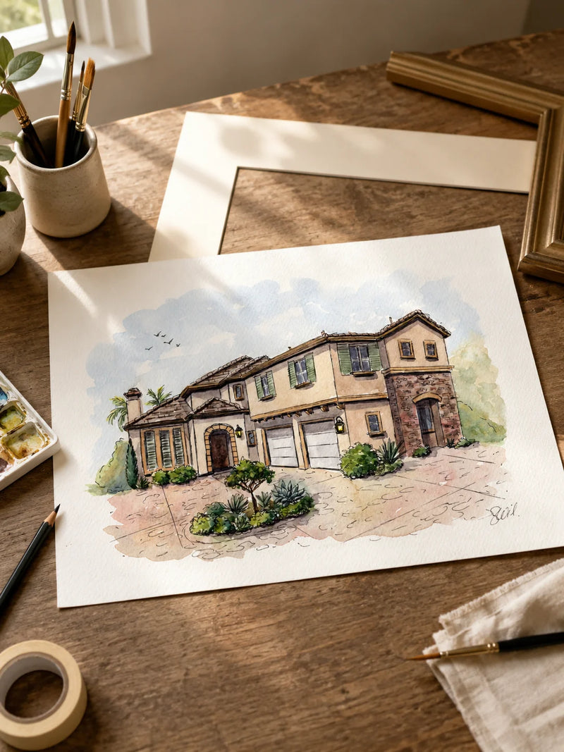 Painting of a house on a piece of paper on a wooden table with art supplies.