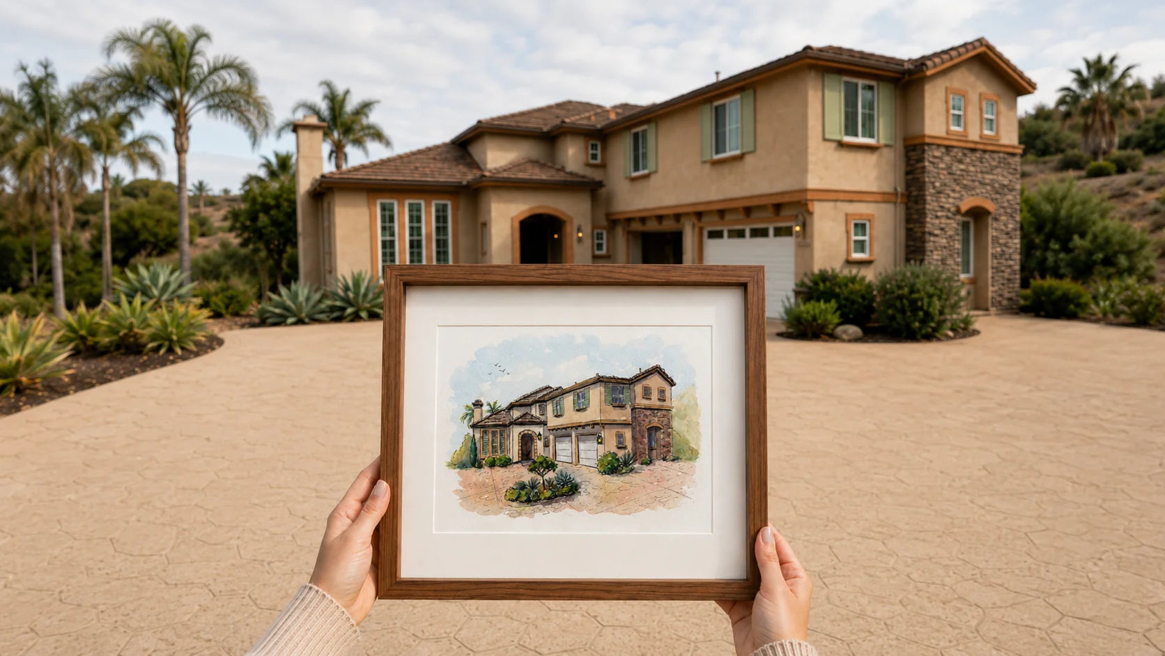 Framed artwork of a house held in front of a real house with palm trees and a clear sky.