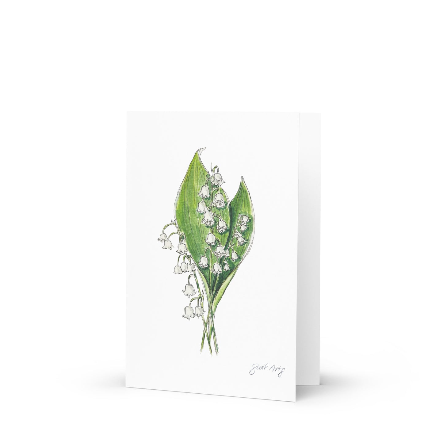 Lily of the Valley flower greeting card with watercolor and ink botanical illustration. Elegant woodland-inspired note card with blank interior, perfect for nature lovers and special occasions.
