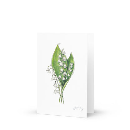 Lily of the Valley flower greeting card with watercolor and ink botanical illustration. Elegant woodland-inspired note card with blank interior, perfect for nature lovers and special occasions.