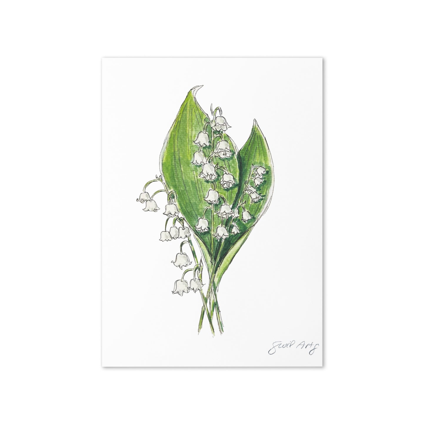 Lily of the Valley flower greeting card with watercolor and ink botanical illustration. Elegant woodland-inspired note card with blank interior, perfect for nature lovers and special occasions.