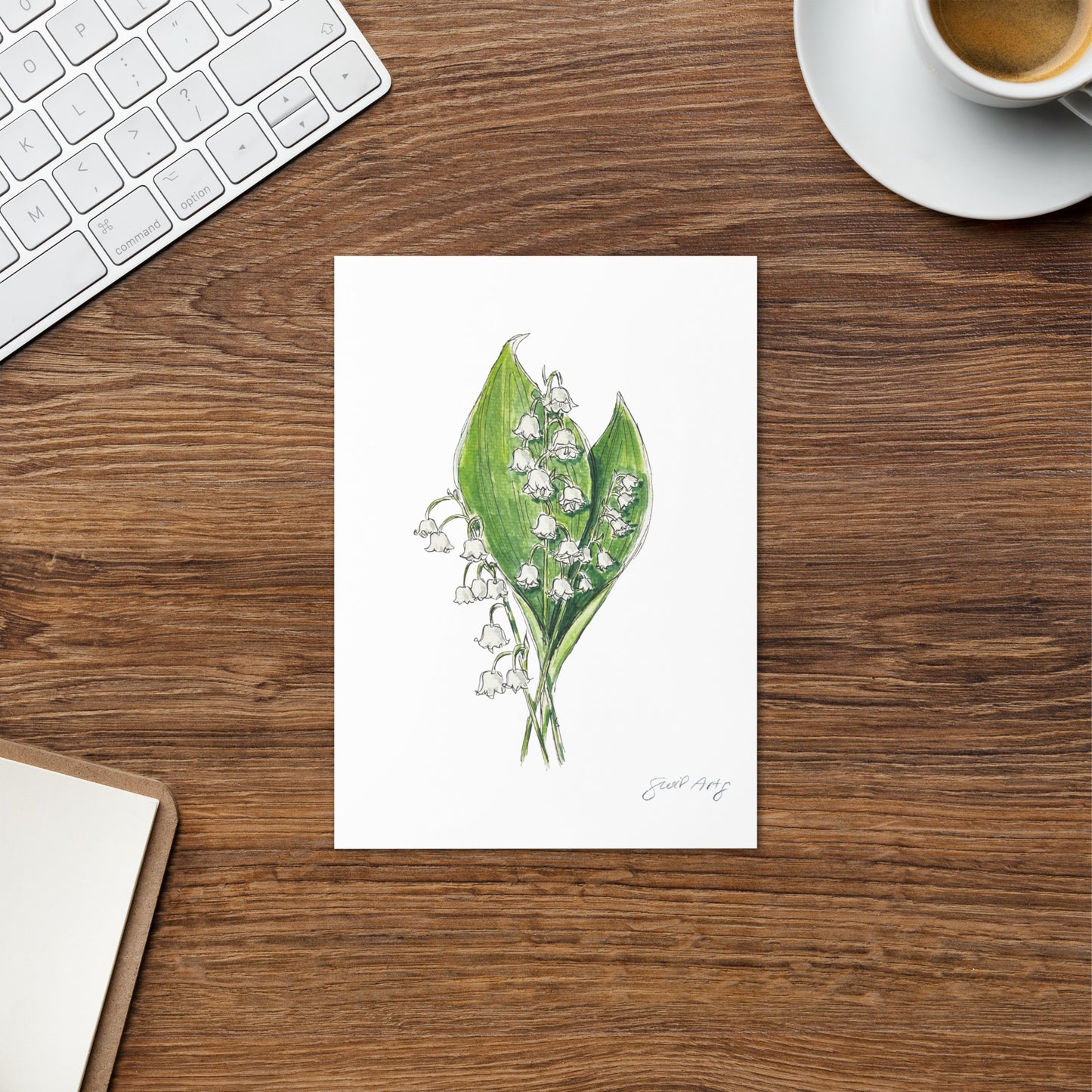 Lily of the Valley flower greeting card with a delicate watercolor and ink illustration. Botanical note card featuring a woodland-inspired floral design, perfect for nature lovers.