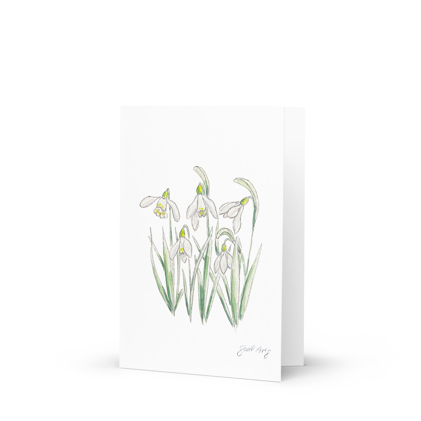 Snowdrop flower greeting card with a delicate watercolor and ink illustration. Botanical note card featuring a woodland-inspired floral design, perfect for nature lovers.