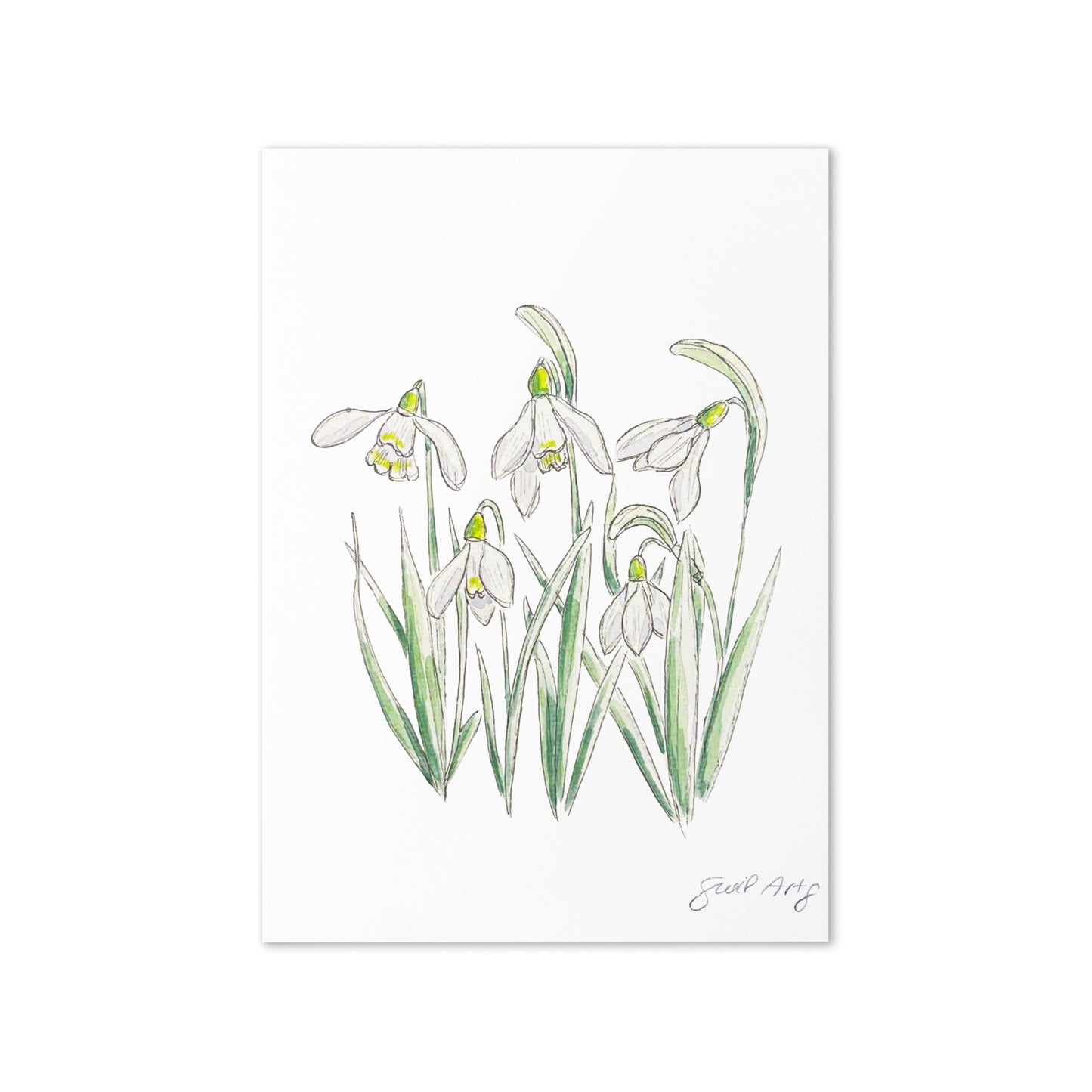 Snowdrop flower greeting card with watercolor and ink botanical illustration. Elegant woodland-inspired note card with blank interior, perfect for nature lovers and special occasions. 