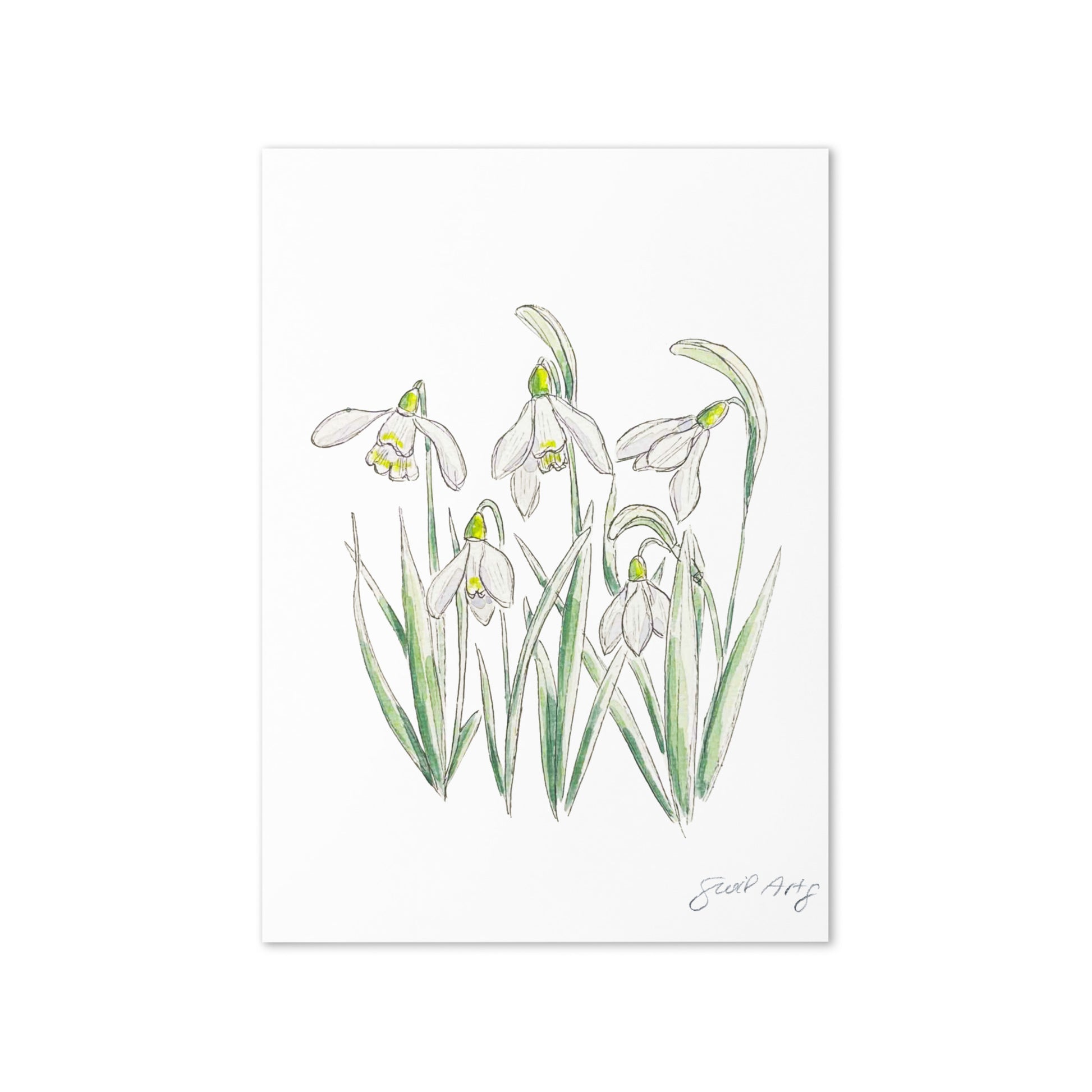 Snowdrop flower greeting card with watercolor and ink botanical illustration. Elegant woodland-inspired note card with blank interior, perfect for nature lovers and special occasions. 