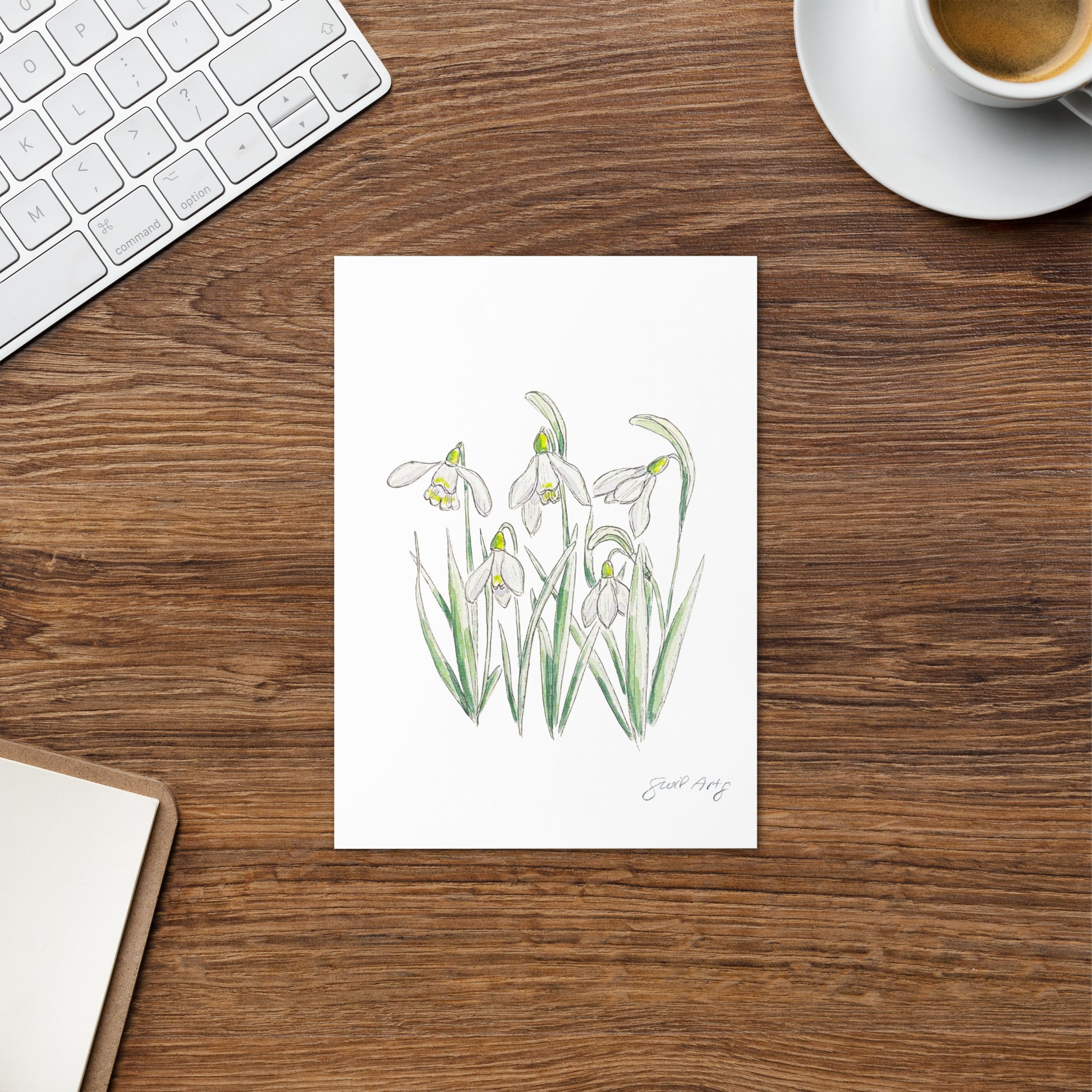 Snowdrop flower greeting card with a delicate watercolor and ink illustration. Botanical note card featuring a woodland-inspired floral design, perfect for nature lovers.