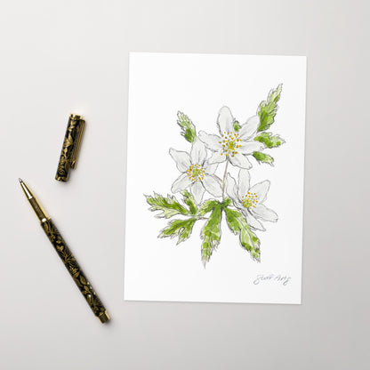 Wood anemone flower greeting card with a delicate watercolor and ink illustration. Botanical note card featuring a woodland-inspired floral design, perfect for nature lovers. The greeting card is nicely set with an elegant gold en next to it, ready to journal.
