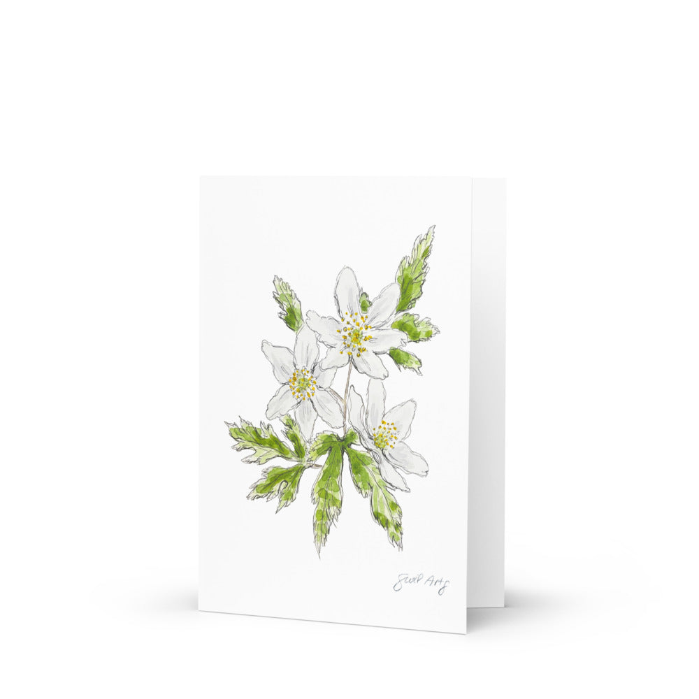 Wood anemone flower greeting card with watercolor and ink botanical illustration. Elegant woodland-inspired note card with blank interior, perfect for nature lovers and special occasions. 
