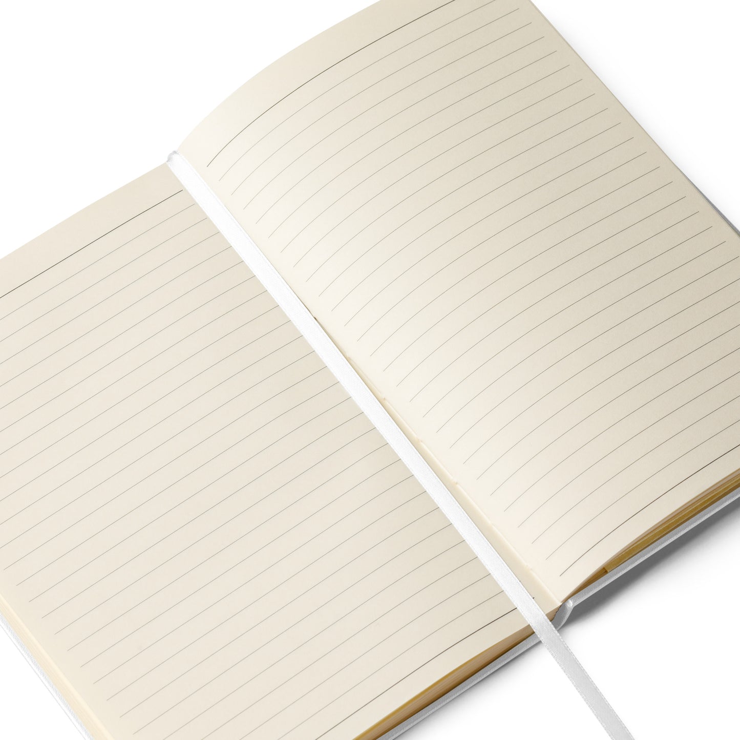 Open lined notebook with cream-colored pages and a white ribbon bookmark. Perfect for journaling, note-taking, and creative writing.