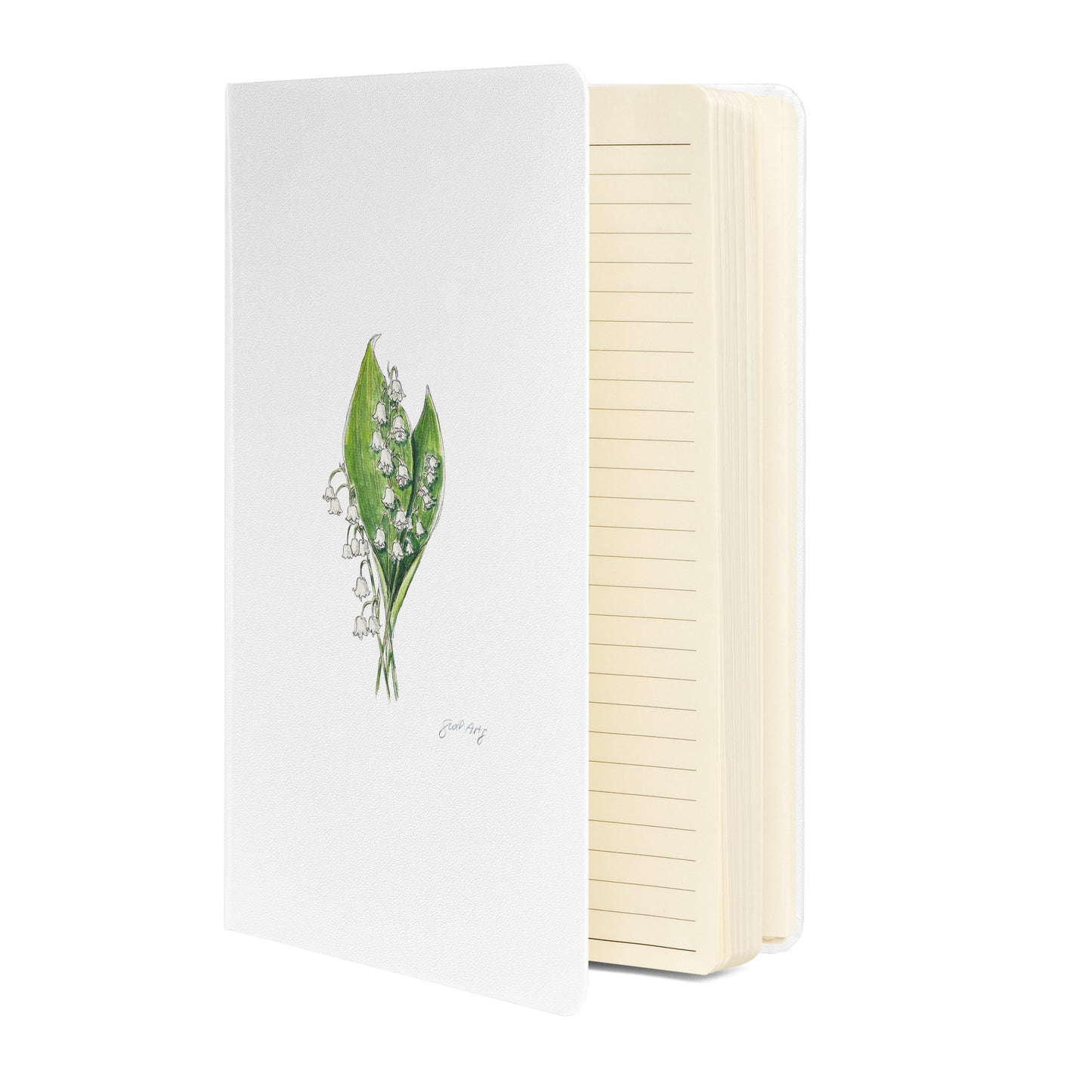 White hardcover notebook featuring a delicate lily of the valley flower illustration by Swil Arts. This botanical watercolor and ink design showcases the beauty of nature, making it perfect for journaling, sketching, or note-taking. The notebook includes an elastic closure for convenience, ideal for artists, writers, and nature lovers seeking elegant stationery with a floral touch.