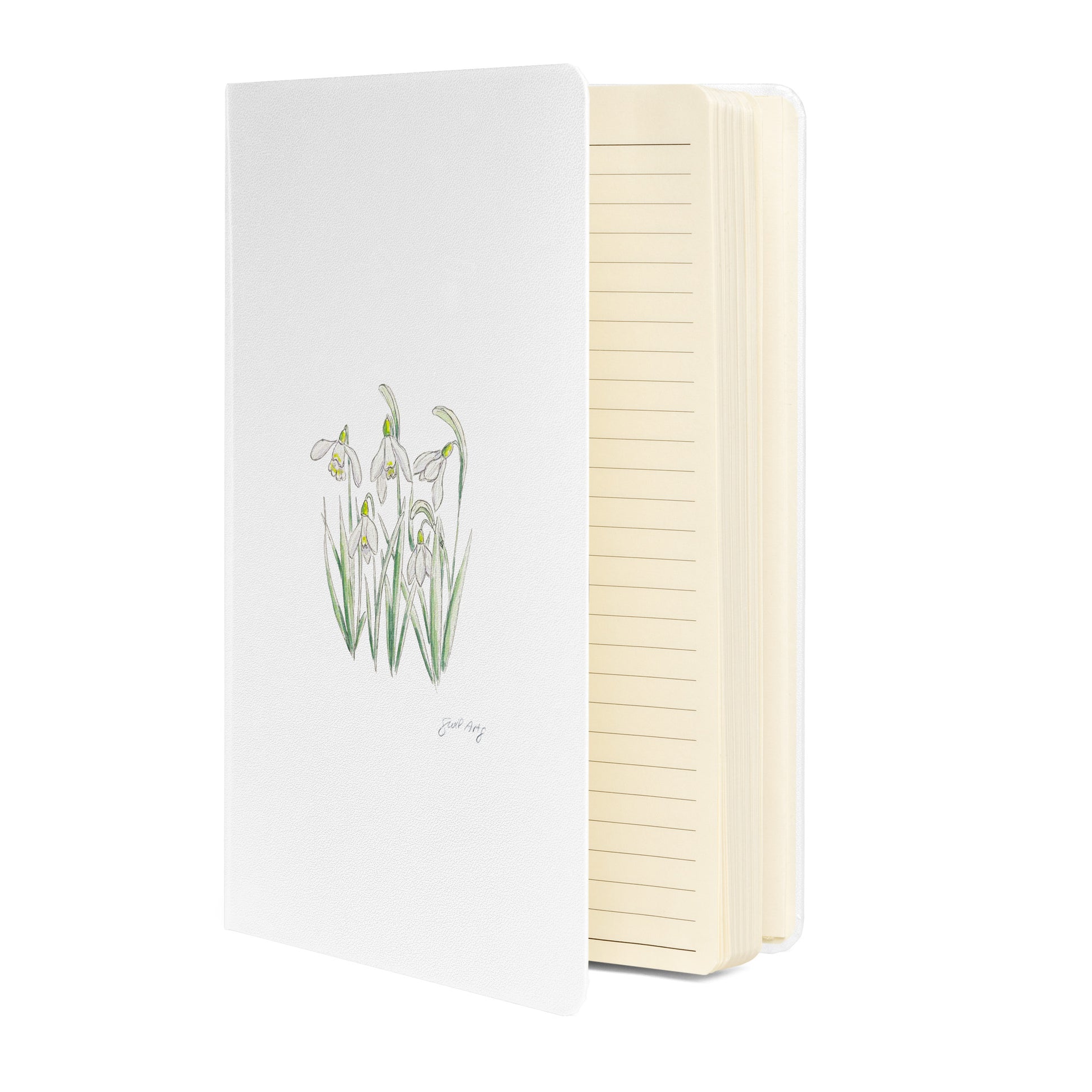White hardcover notebook featuring a delicate snowdrop flower illustration by Swil Arts. This botanical watercolor and ink design showcases the beauty of nature, making it perfect for journaling, sketching, or note-taking. The notebook includes an elastic closure for convenience, ideal for artists, writers, and nature lovers seeking elegant stationery with a floral touch.