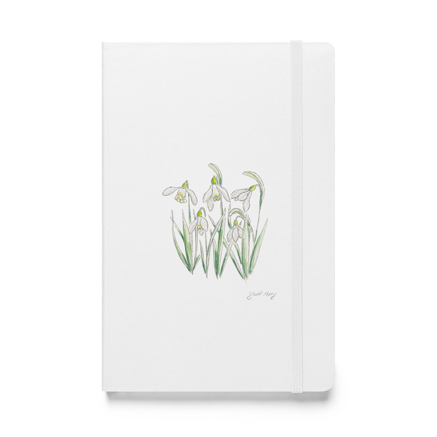 White hardcover notebook featuring a delicate snowdrop flower illustration by Swil Arts. This botanical watercolor and ink design showcases the beauty of nature, making it perfect for journaling, sketching, or note-taking. The notebook includes an elastic closure for convenience, ideal for artists, writers, and nature lovers seeking elegant stationery with a floral touch