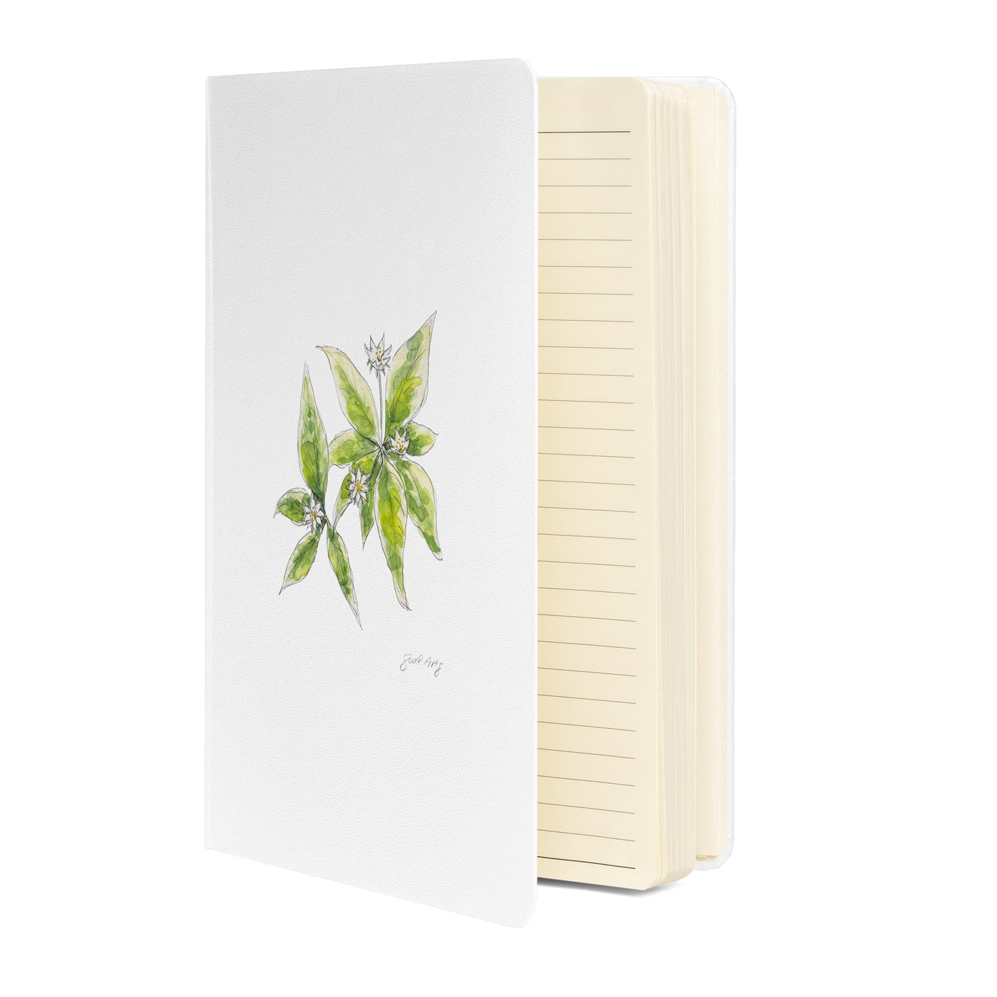 White hardcover notebook featuring a delicate starflower illustration by Swil Arts. This botanical watercolor and ink design showcases the beauty of nature, making it perfect for journaling, sketching, or note-taking. The notebook includes an elastic closure for convenience, ideal for artists, writers, and nature lovers seeking elegant stationery with a floral touch.