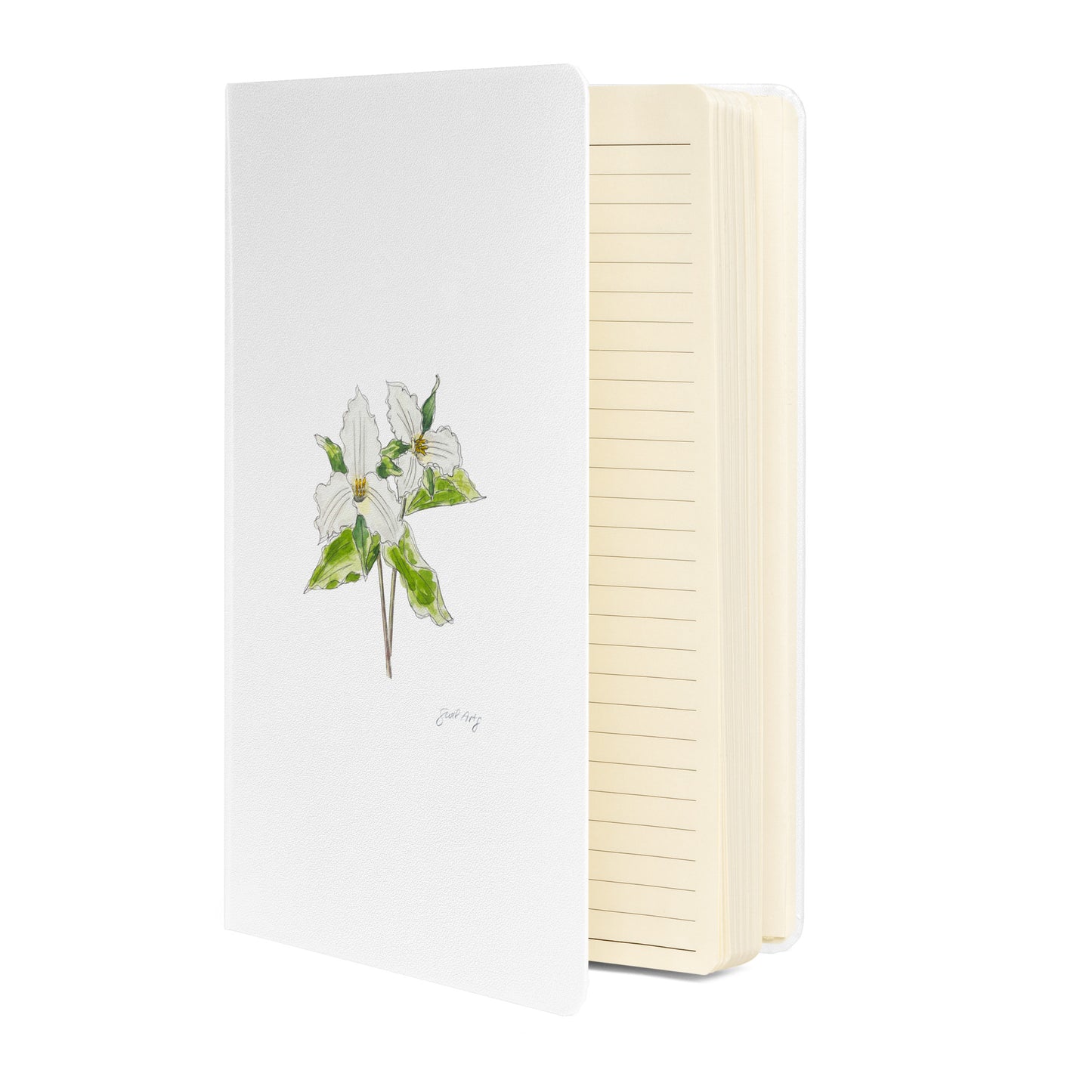 White hardcover notebook featuring a delicate trillium flower illustration by Swil Arts. This botanical watercolor and ink design showcases the beauty of nature, making it perfect for journaling, sketching, or note-taking. The notebook includes an elastic closure for convenience, ideal for artists, writers, and nature lovers seeking elegant stationery with a floral touch.