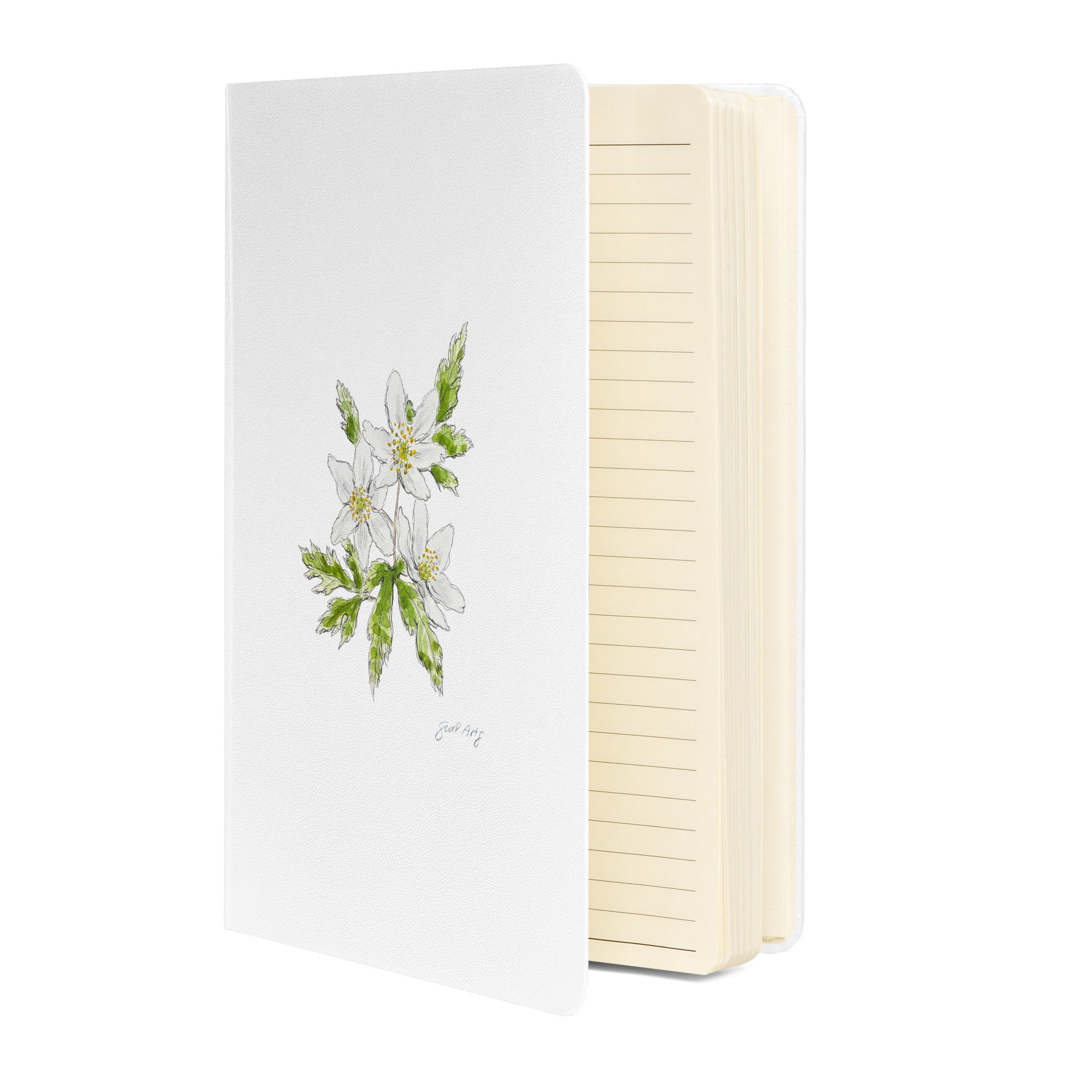 White hardcover notebook featuring a delicate wood anemone flower illustration by Swil Arts. This botanical watercolor and ink design showcases the beauty of nature, making it perfect for journaling, sketching, or note-taking. The notebook includes an elastic closure for convenience, ideal for artists, writers, and nature lovers seeking elegant stationery with a floral touch