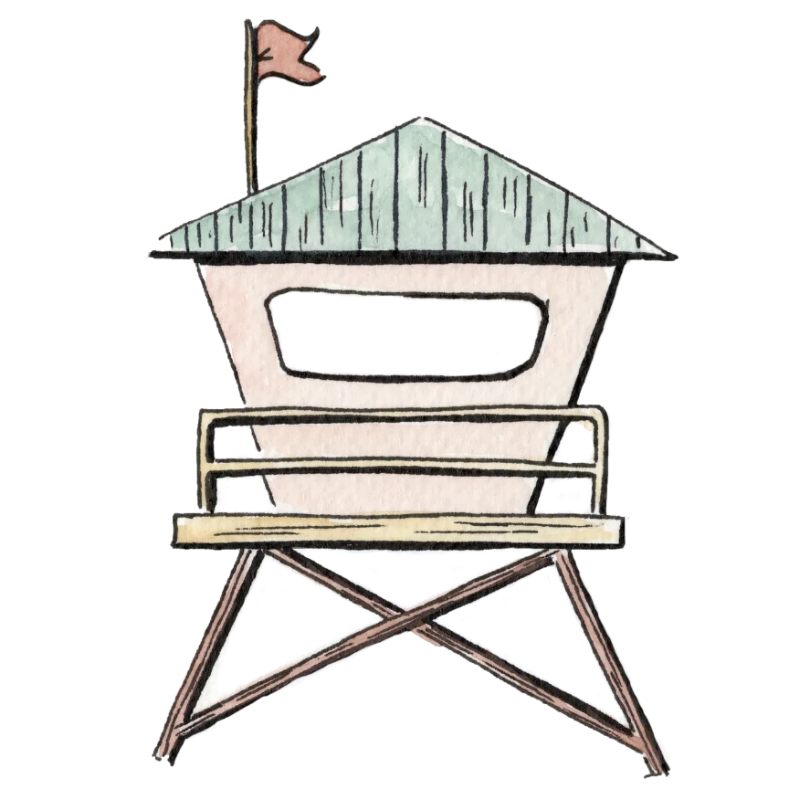 Swil Arts watercolor and ink illustration of a lifeguard tower with a flag on top