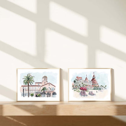 Watercolor prints of La Valencia Hotel and Hotel Del Coronado, featuring detailed architectural illustrations with palm trees and beach scenery. Fine art perfect for home décor, capturing the essence of historic California landmarks. Available in high-quality print for sale. Ideal gift or decor piece for lovers of vintage and coastal architecture