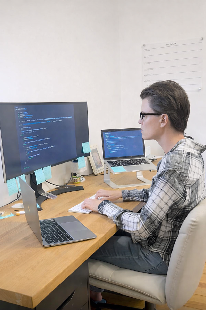 Sara, the artist behind Swil Arts, sitting at a desk with multiple computer monitors and laptops. She is wearing glasses and looks very focused.