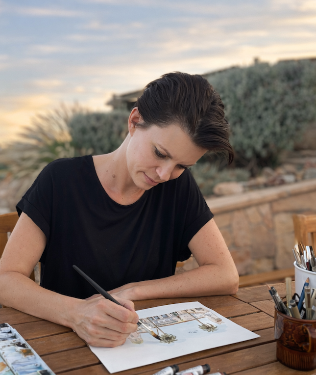 Sara, the artist behind Swil Arts, smiling while painting outdoors with watercolors. The location is a Southern California desert