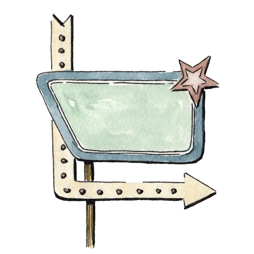 Illustration by Sara from Swil Arts,  of a vintage motel sign with a star and arrow on a white background
