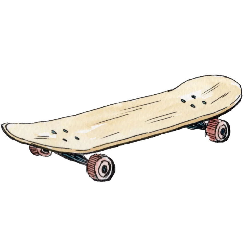 Illustration by Sara from Swil Arts, of a skateboard with a plain design on a white background