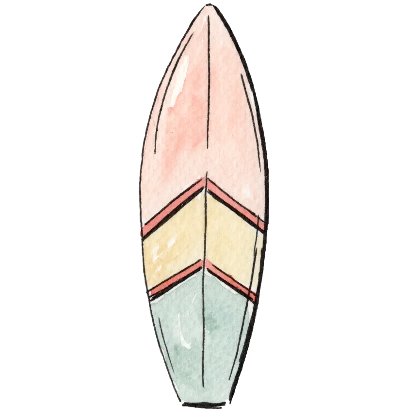 Colorful illustration by Sara from Swil Arts, of a surfboard on a white background
