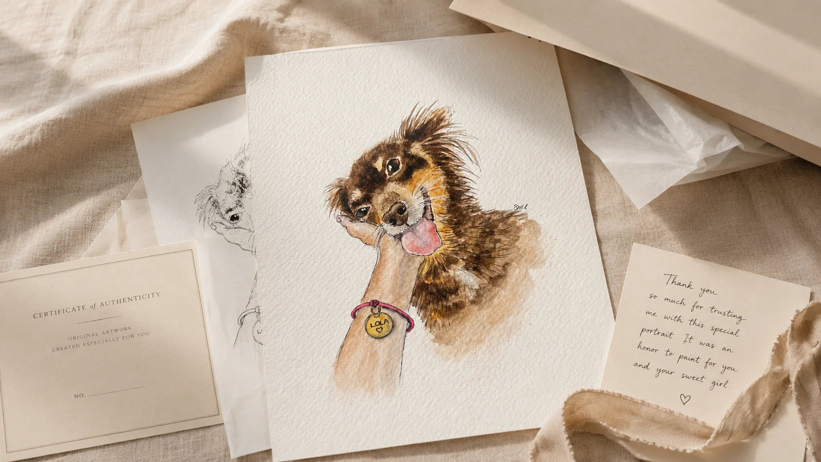 Greeting cards with a watercolor illustration of a dog on a textured surface