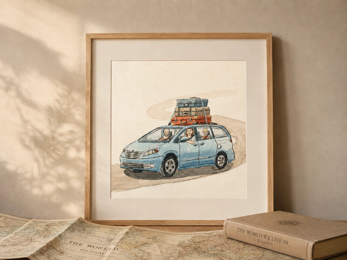 Framed watercolor and ink illustration of a family in a car with luggage on a beige wall. Arwork by Swil Arts.