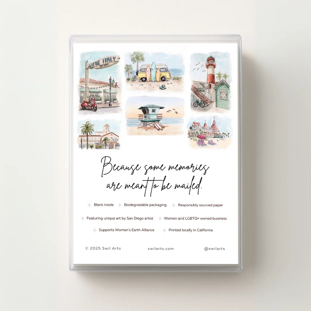 A square printed card or art print with a clear acrylic sleeve, shown against a light neutral background. The design features six small watercolor illustrations around a central handwritten-style quote reading 'Because some memories are meant to be mailed!' with smaller text below about blank inside, biodegradable packaging, and other product details. Artwork by Sara from Swil Arts