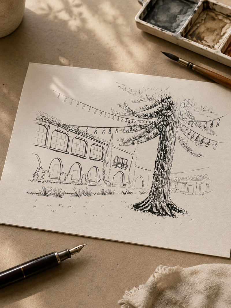 Pencil drawing, made by Sara from Swil Arts,  of a building and tree on paper with art supplies.