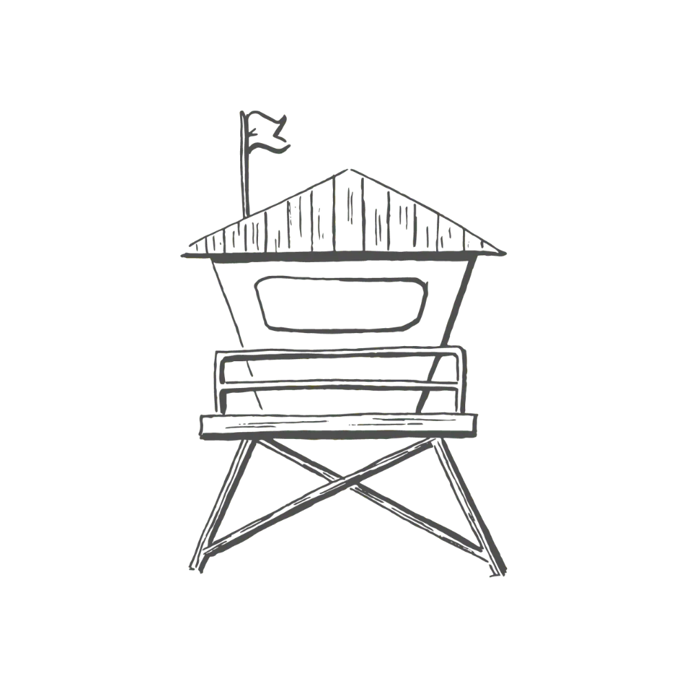 Black and white illustration of a lifeguard tower with a flag on top by Swil Arts