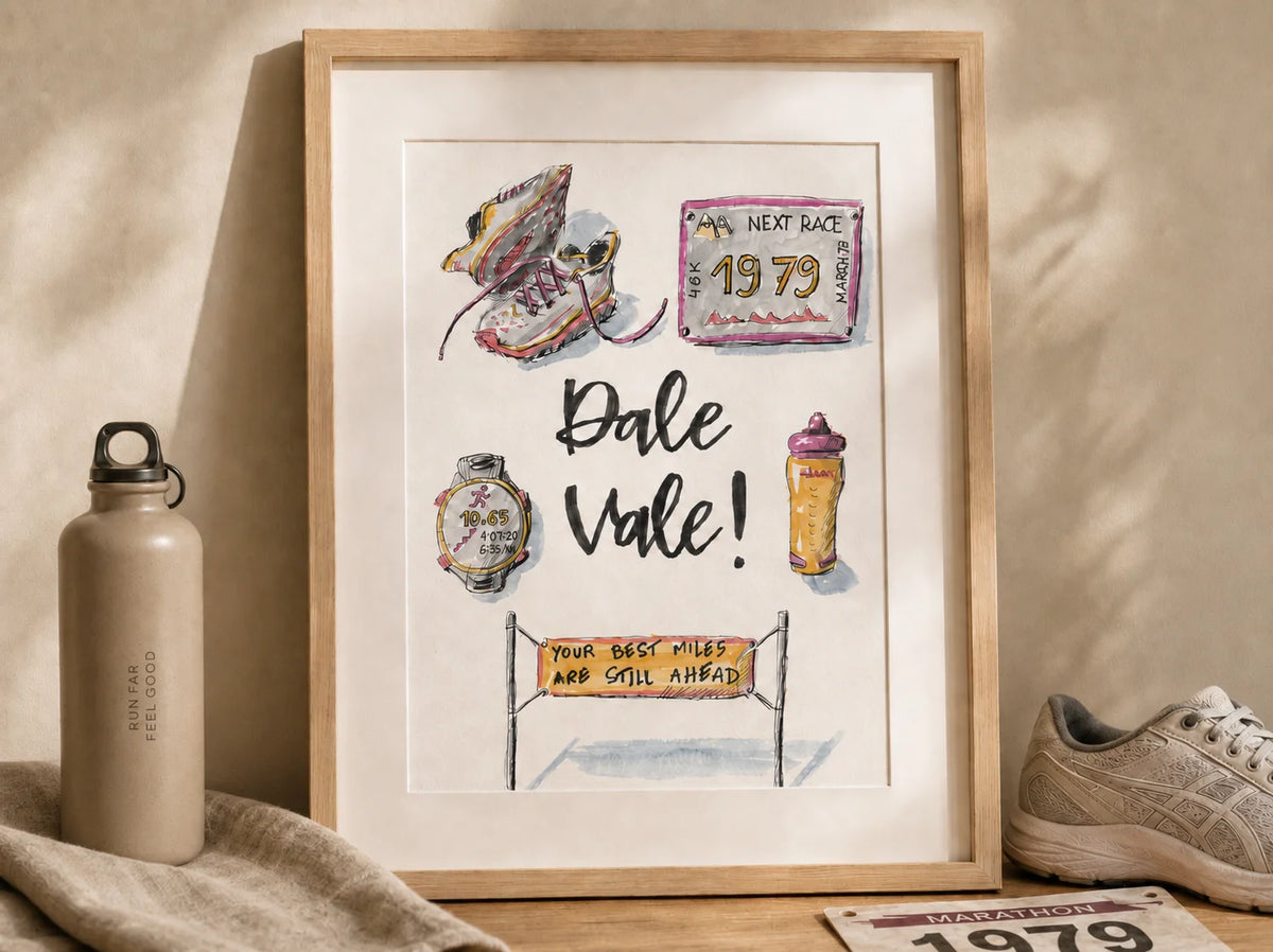 Framed artwork with watercolor and ink illustrations and text that reads "Dale Vale" on a wooden surface with a water bottle and running shoes. The illustration depicts running shoes, a bib from a race, a garmin watch and a watercolor. Artwork by Swil Arts