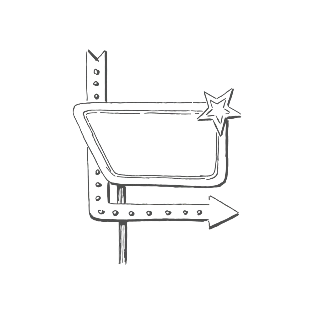 Black and white ink illustration of a signpost of a motel with an arrow and star on a white background made by Swil Arts