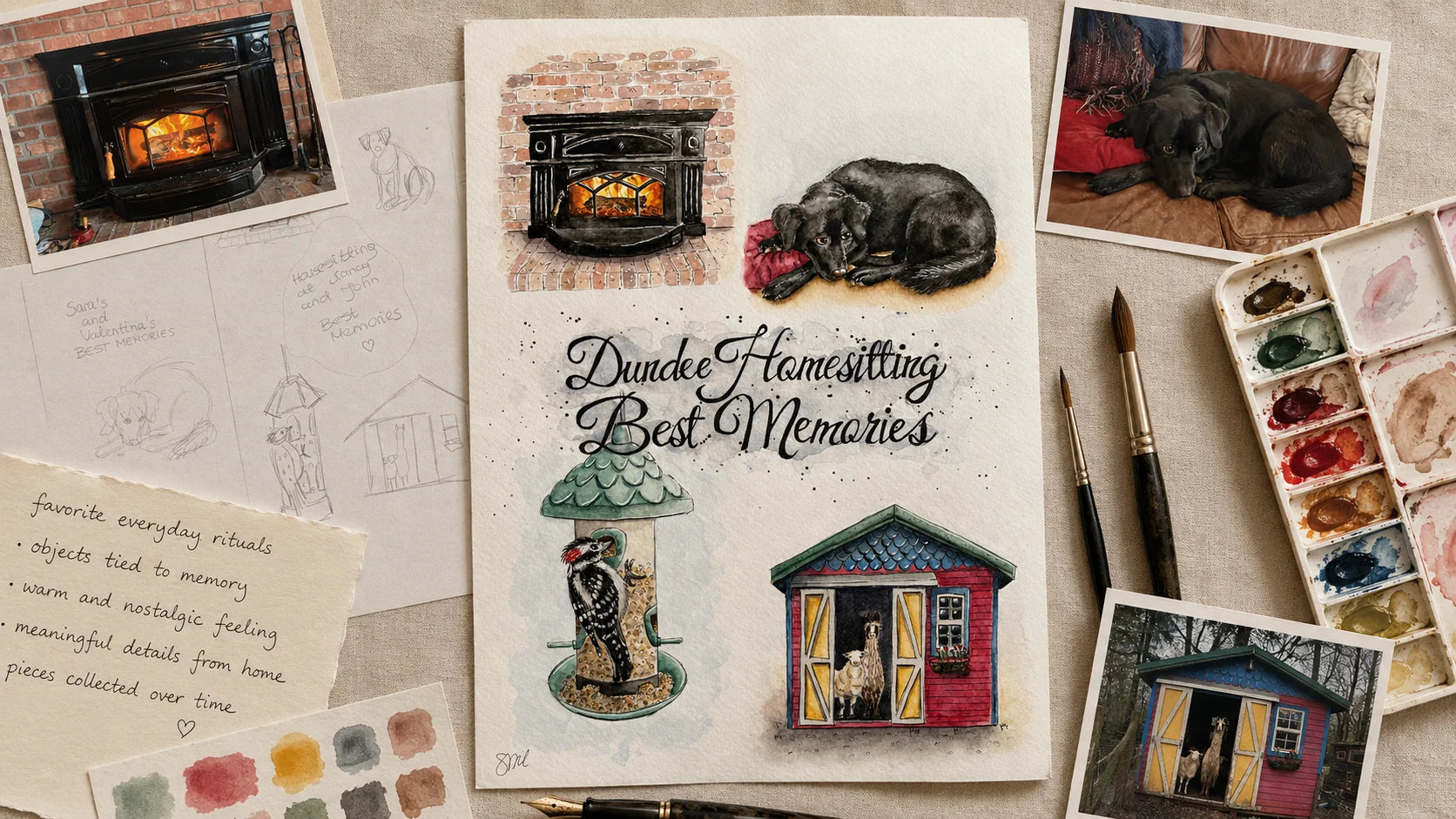 Artistic depiction of a fireplace with a dog, surrounded by watercolor paintings and stationery items. Illustrations made by Sara Wilczynska from Swil Arts