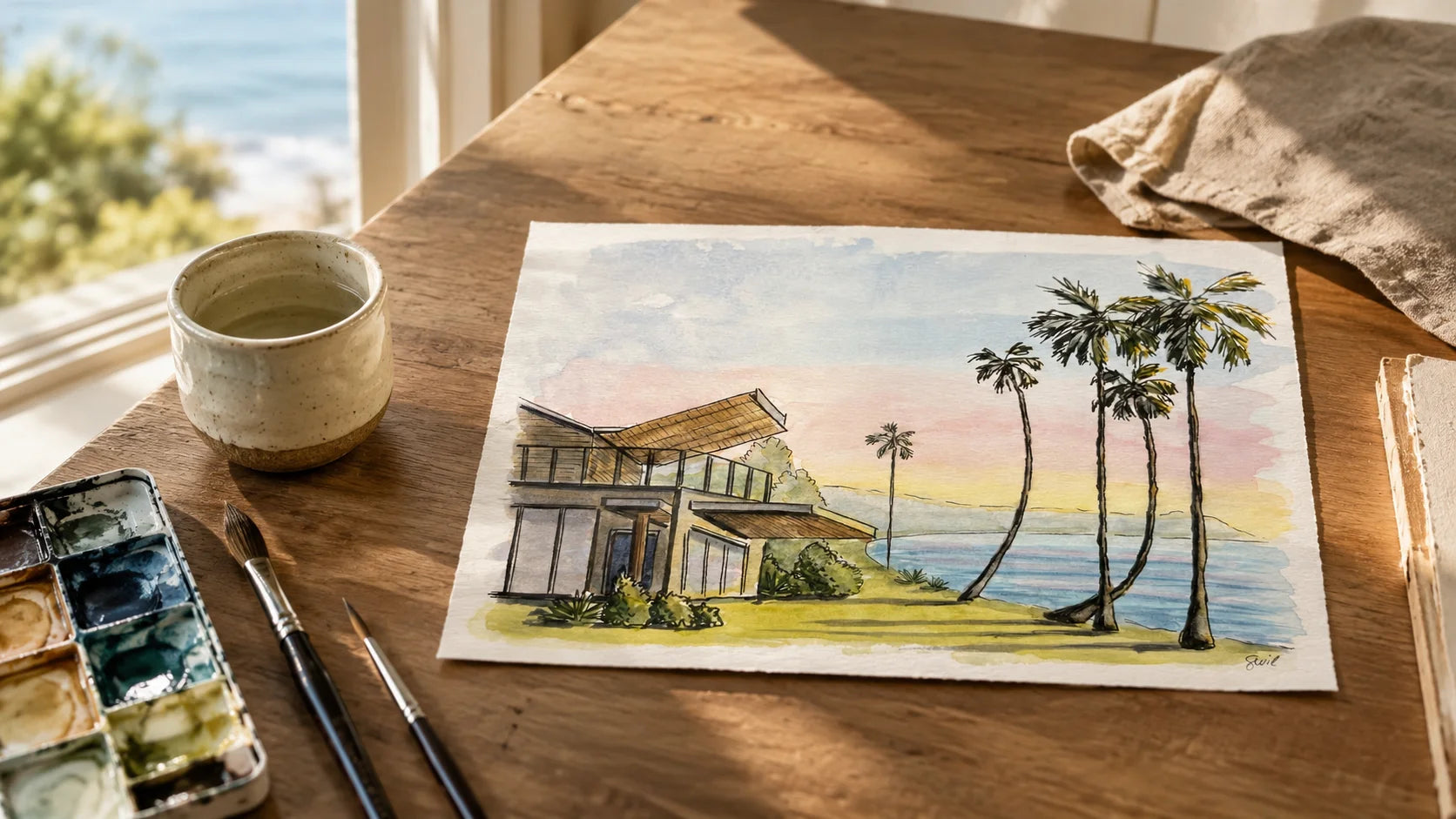 Watercolor and ink painting of a coastal scene with a house and palm trees on a wooden table. Artwork by Swil Arts.
