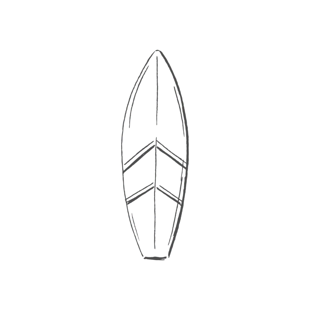 Black and white line drawing of a surfboard by Swil Arts