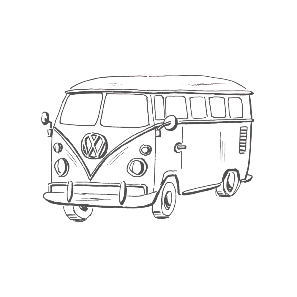 Black and white line drawing of a Volkswagen van by Swil Arts
