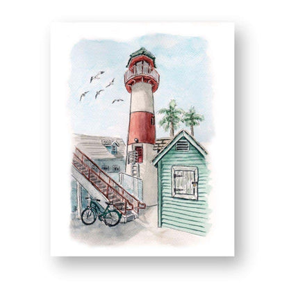 Hand-painted watercolor of a coastal lighthouse with a red-and-white tower, surrounded by palm trees, a bicycle, and a quaint beach shack. Southern California artwork by Swil Arts, perfect for coastal home decor