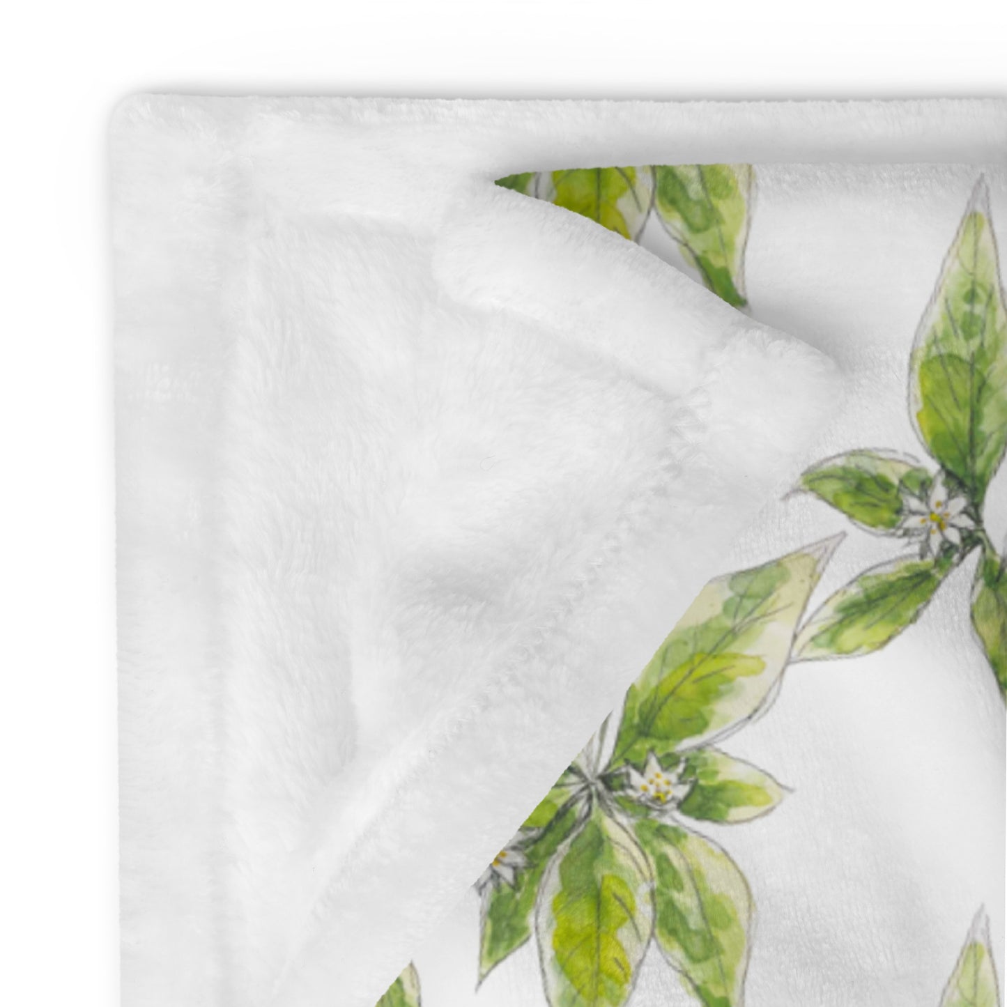 Plush fleece throw blanket with a white starflower watercolor pattern and soft sherpa lining. Cozy botanical home décor with a nature-inspired floral design.
