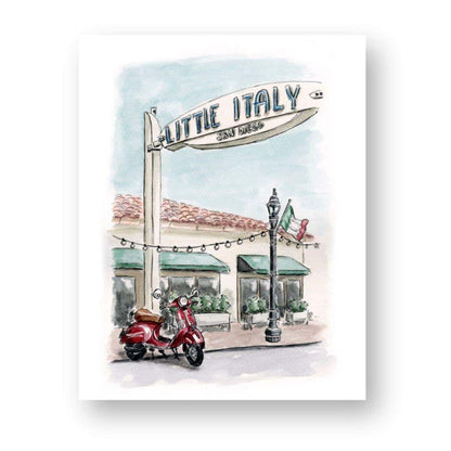 Watercolor print of Little Italy San Diego sign with a red Vespa scooter. Hand-painted street scene art featuring Italian charm and iconic cityscape, ideal for travel-inspired home décor