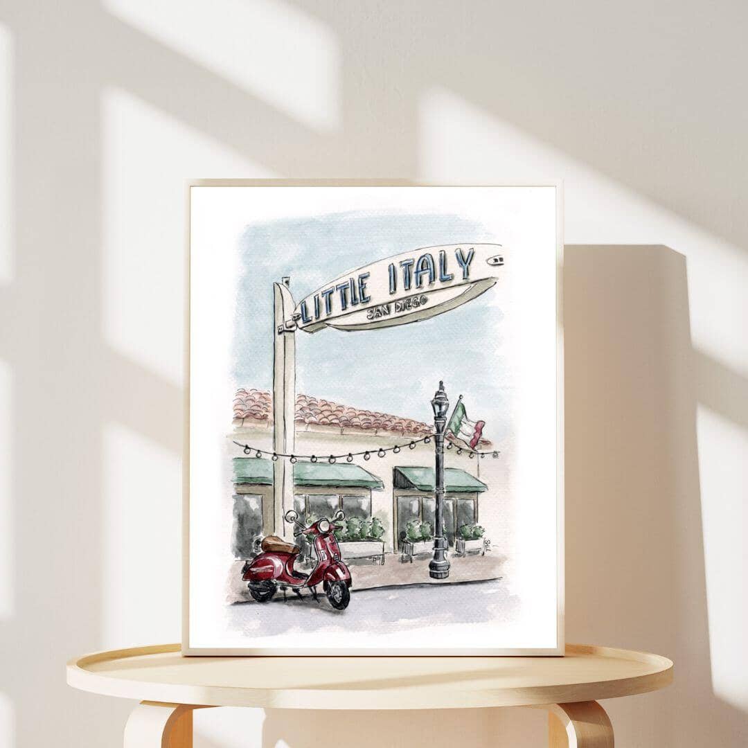 Watercolor print of Little Italy San Diego sign with red Vespa scooter, framed art for modern decor, travel-inspired wall art, handmade watercolor illustration, perfect for Italian-themed gifts and home decoration