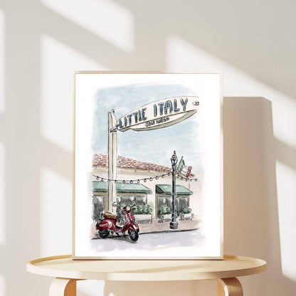Watercolor print of Little Italy San Diego sign with red Vespa scooter, framed art for modern decor, travel-inspired wall art, handmade watercolor illustration, perfect for Italian-themed gifts and home decoration